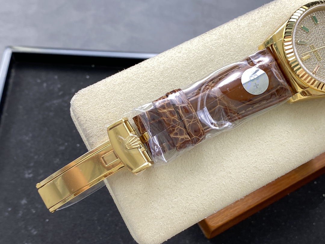 Rolex Day Date 36mm Yellow Gold 128238 0051 Pave Rainbow Diamond Dial Fluted Bezel