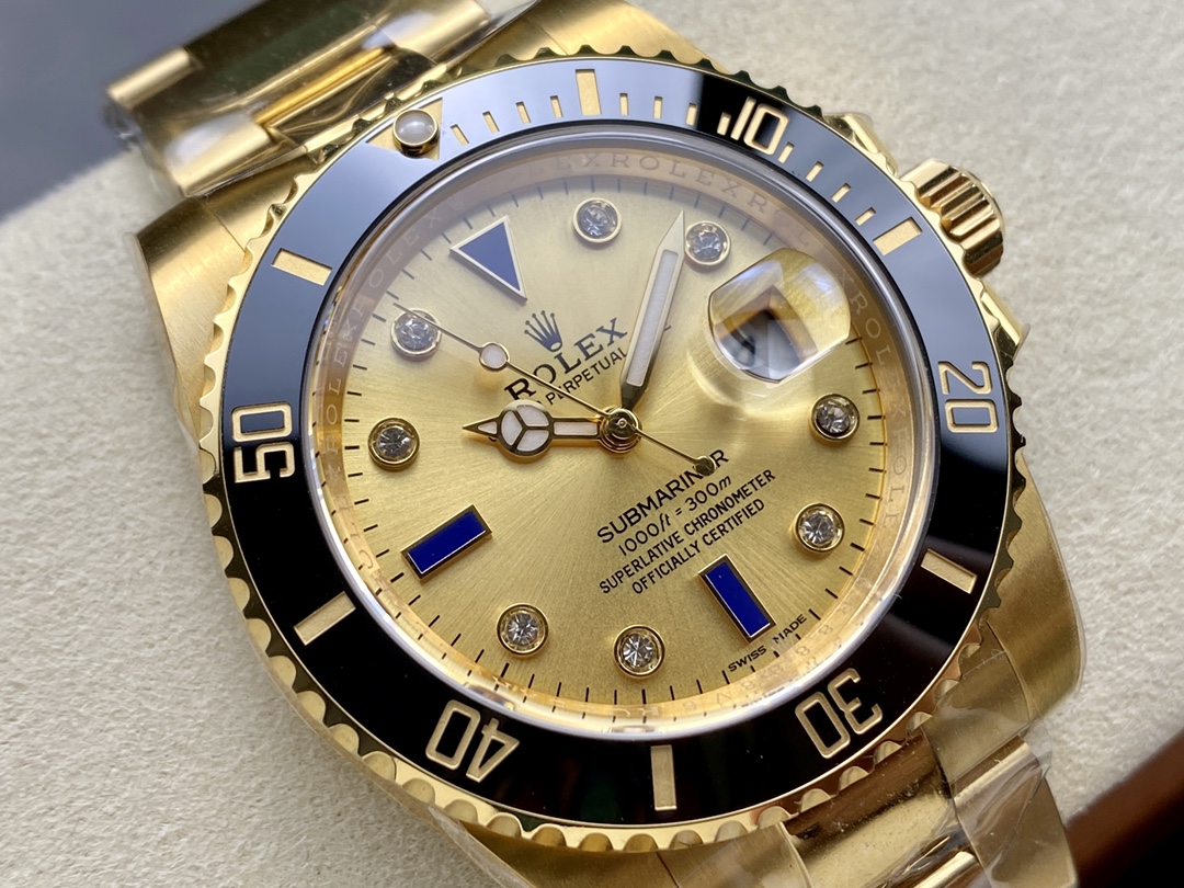 Rolex Submariner 40 18k Champagne Diamond Dial Black Bezel 16613T Gold Watch