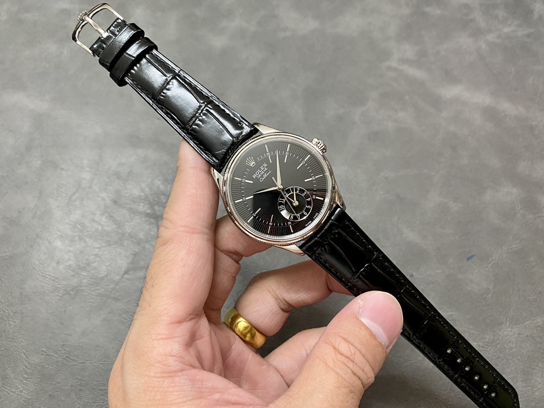 Rolex Cellini Dual Time 50529 Black Dial White Gold 39mm Mens Replica Watch