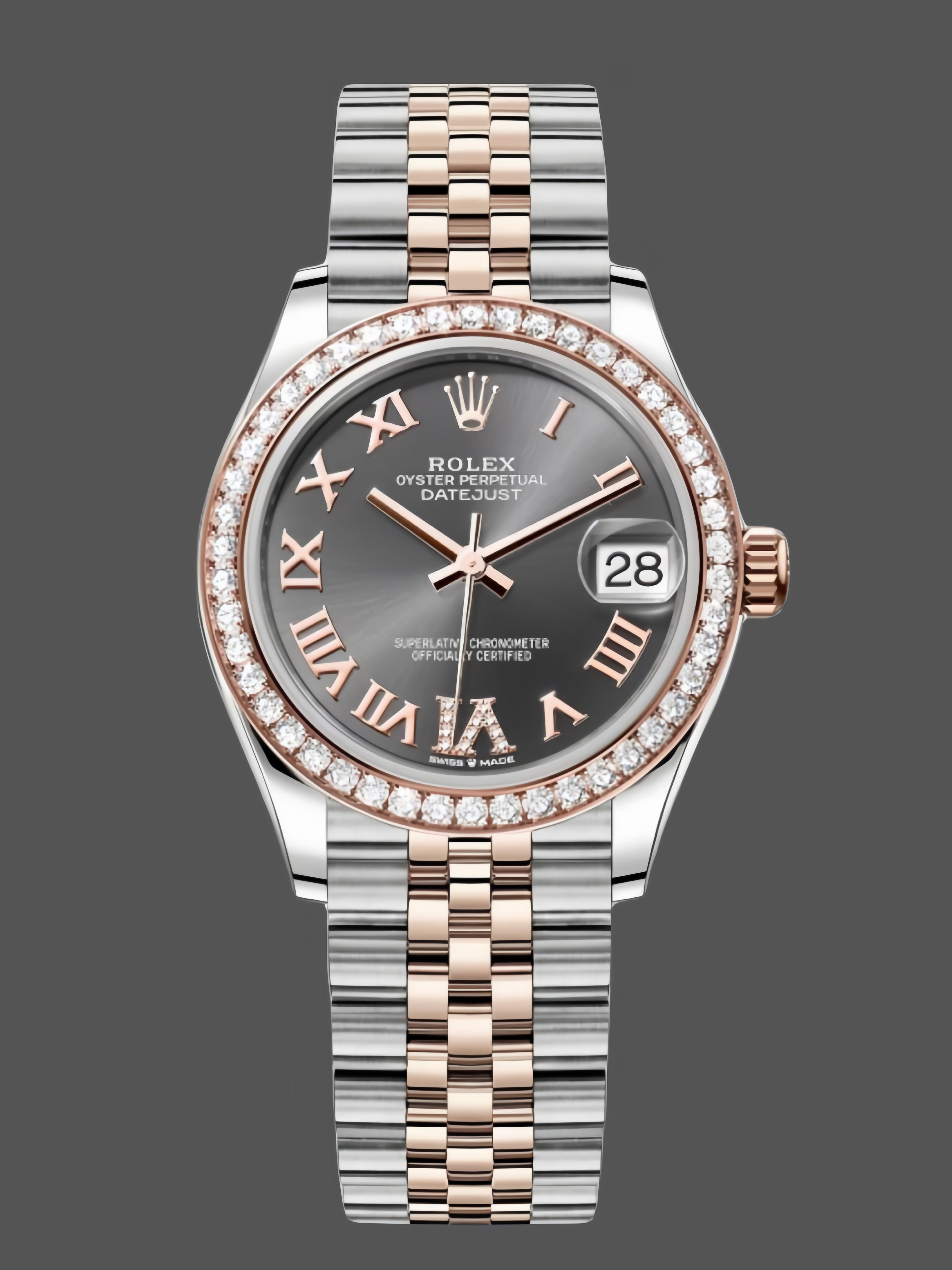 Rolex Datejust Lady 31 Rose Gold Steel Slate Roman Diamond VI Dial & Diamond Bezel Jubilee Bracelet 278381RBR