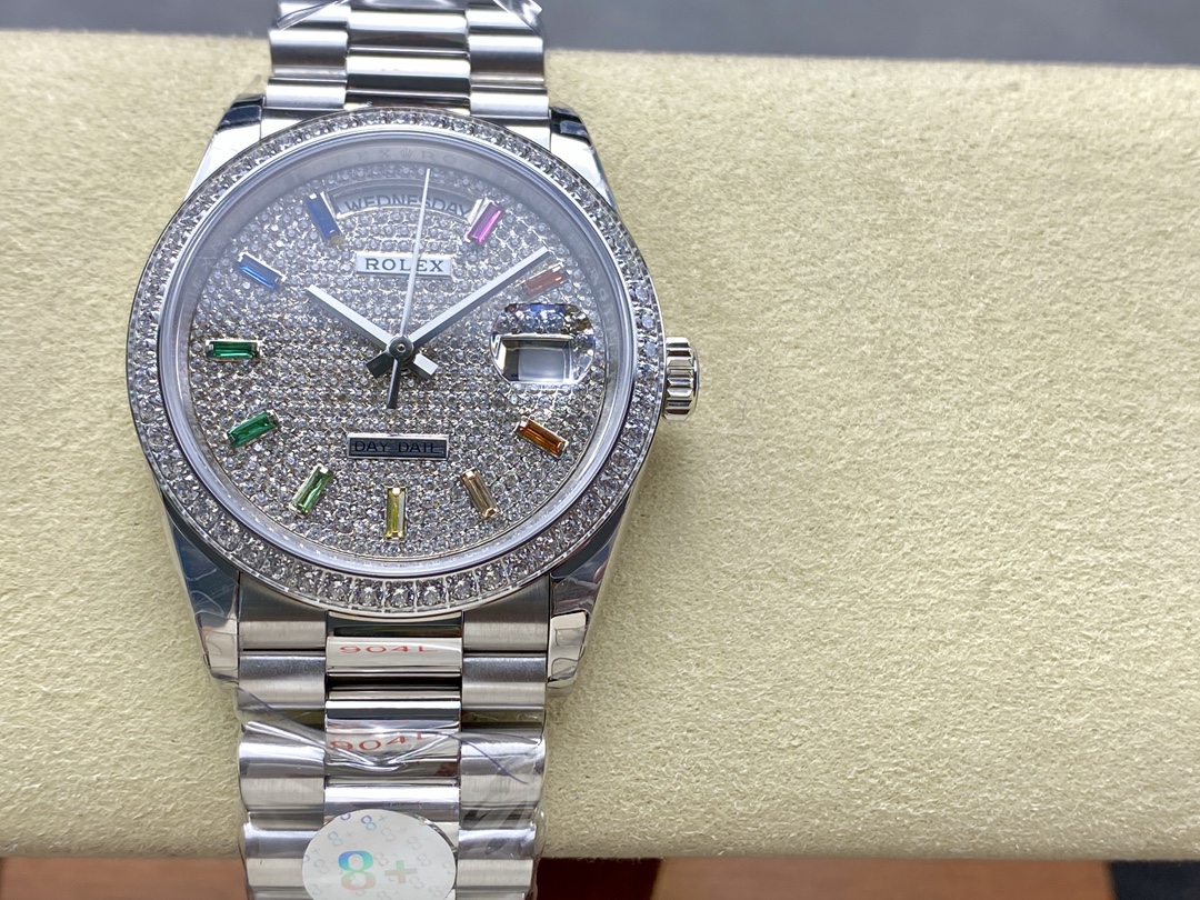 Rolex Day Date 36mm White Gold 128349RBR 0006 Pave Rainbow