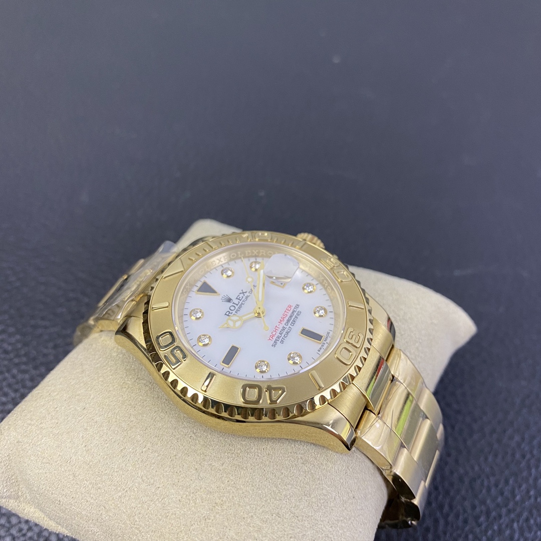 Rolex Yacht Master 168628 White Mother of Pearl Diamond Dial Yellow Gold Case 35mm Women's Watch