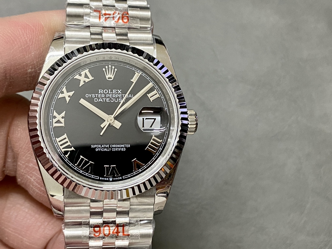 Rolex Datejust 116234 Stainless Steel Fluted Bezel Black Roman Dial 36mm Mens Replica Watch