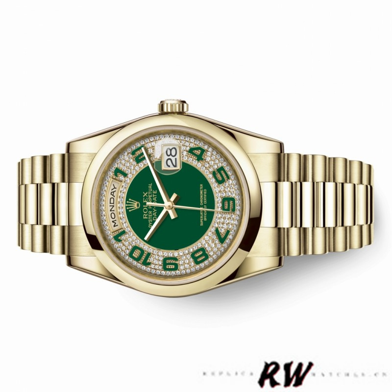 Rolex Day-Date 118208 Yellow Gold Green Diamond Paved Arabic Dial 36mm Unisex Replica Watch