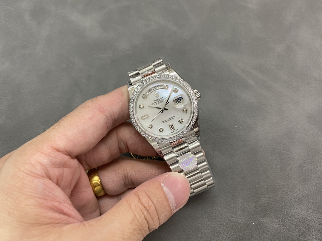 Rolex Day-Date 128349RBR White Mother of Pearl Dial Diamond Bezel 36MM Lady Replica Watch