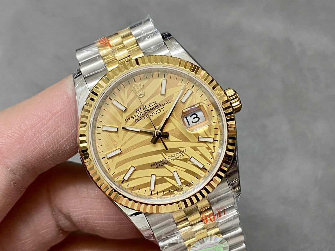 Rolex Datejust 126233 Golden Palm Motif Dial Fluted Bezel 36MM Unisex Replica Watch