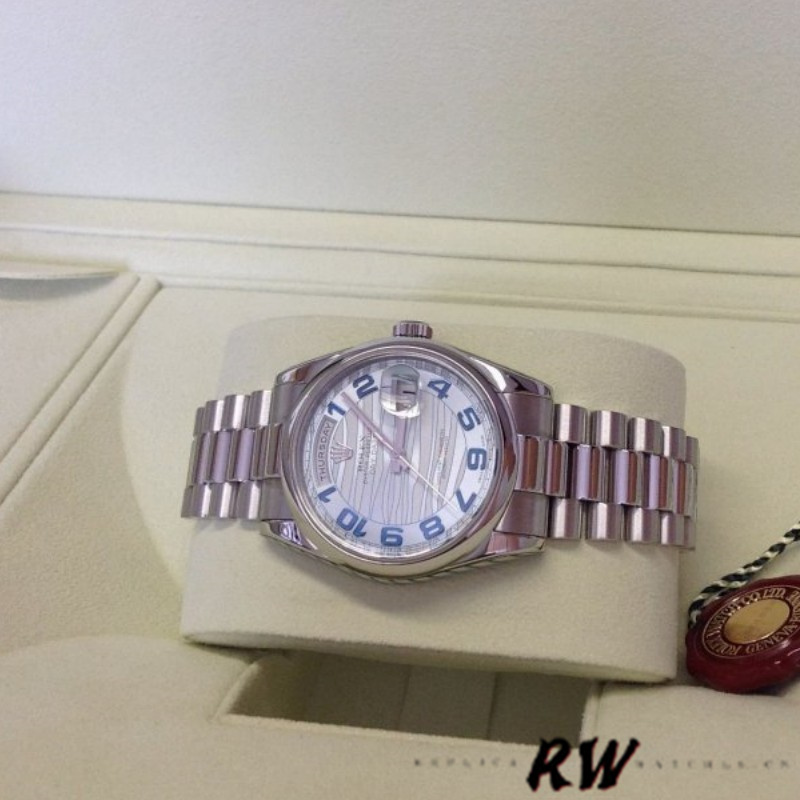 Rolex Day Date 118206 Wave Pattern Ice Blue Dial Arabic Numerals 36mm Unisex Replica Watch