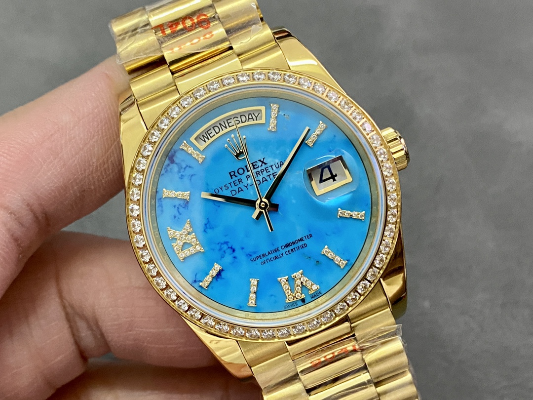 Rolex Day-Date 128348RBR Turquoise Diamond Dial Yellow Gold 36MM Unisex Replica Watch