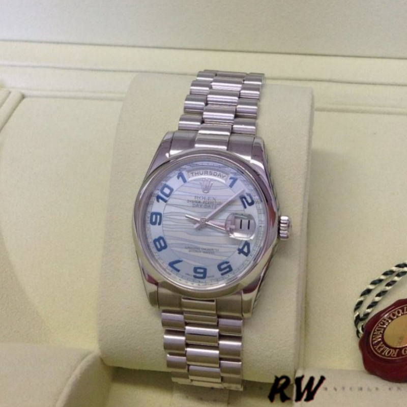 Rolex Day Date 118206 Wave Pattern Ice Blue Dial Arabic Numerals 36mm Unisex Replica Watch