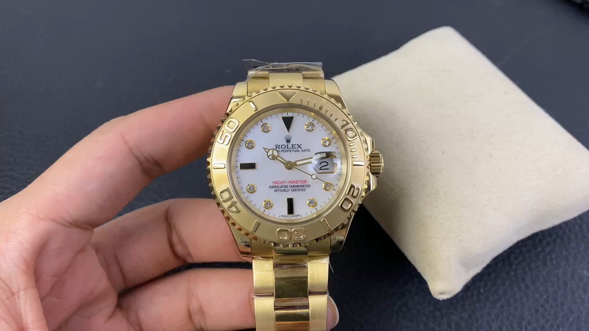 Rolex Yacht Master 168628 White Mother of Pearl Diamond Dial Yellow Gold Case 35mm Women's Watch