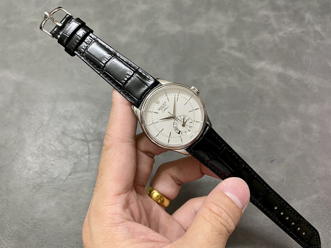 Rolex Cellini Dual Time 50529 Silver Sunburst Dial Black Leather Strap 39mm Mens Replica Watch