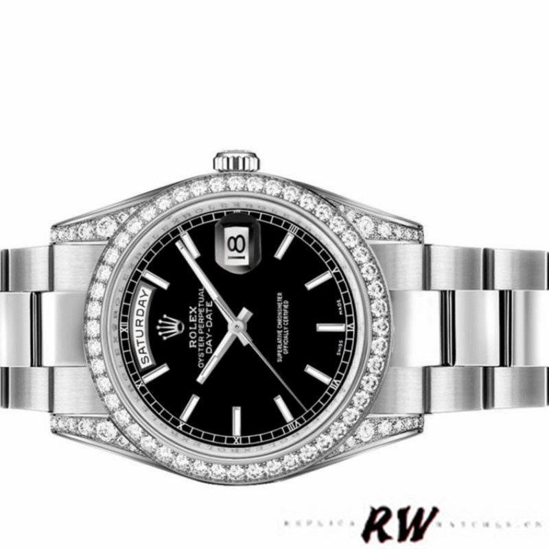Rolex Day-Date 118389 Diamond Bezel Black Index Dial 36MM Unisex Replica Watch