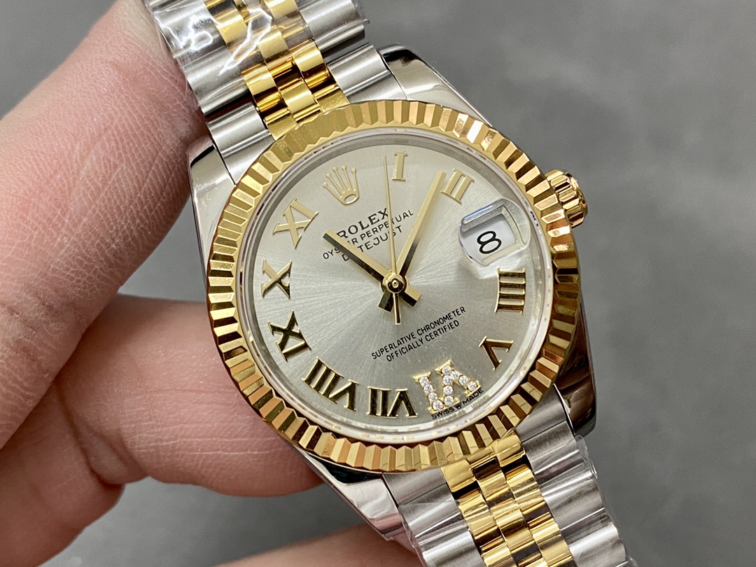 Rolex Datejust 31 Stainless Steel and Yellow Gold Silver Pave Roman Dial m278273 0004 Women's Watch