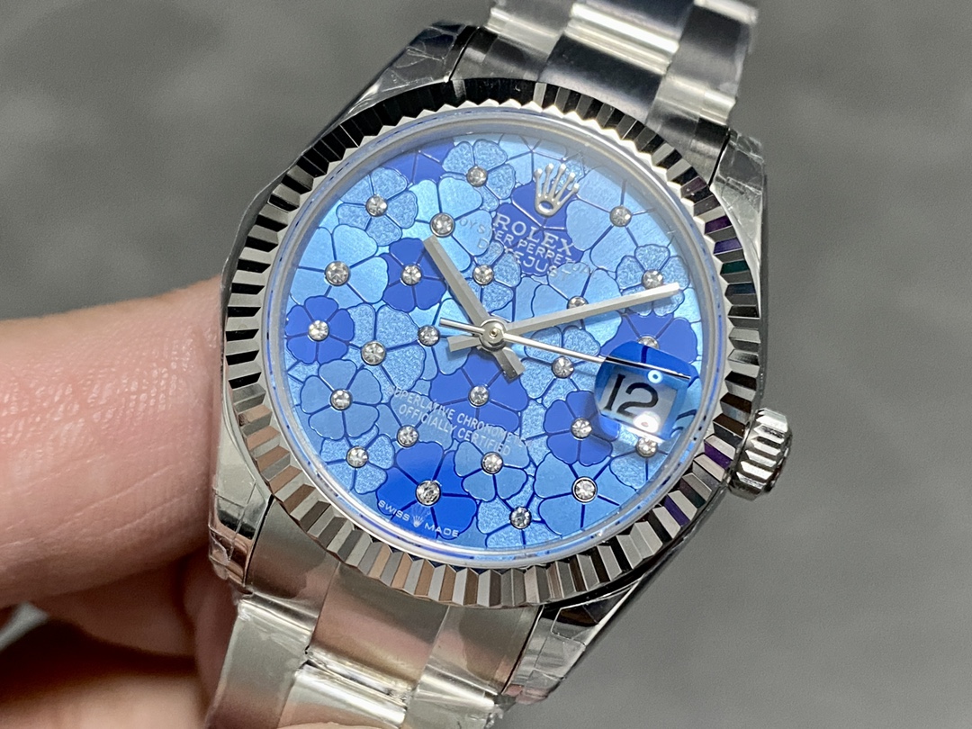 Rolex Datejust 31 Stainless Steel and White Gold Azzuro-Blue-Floral-Motif Diamond Dial m278274-0035