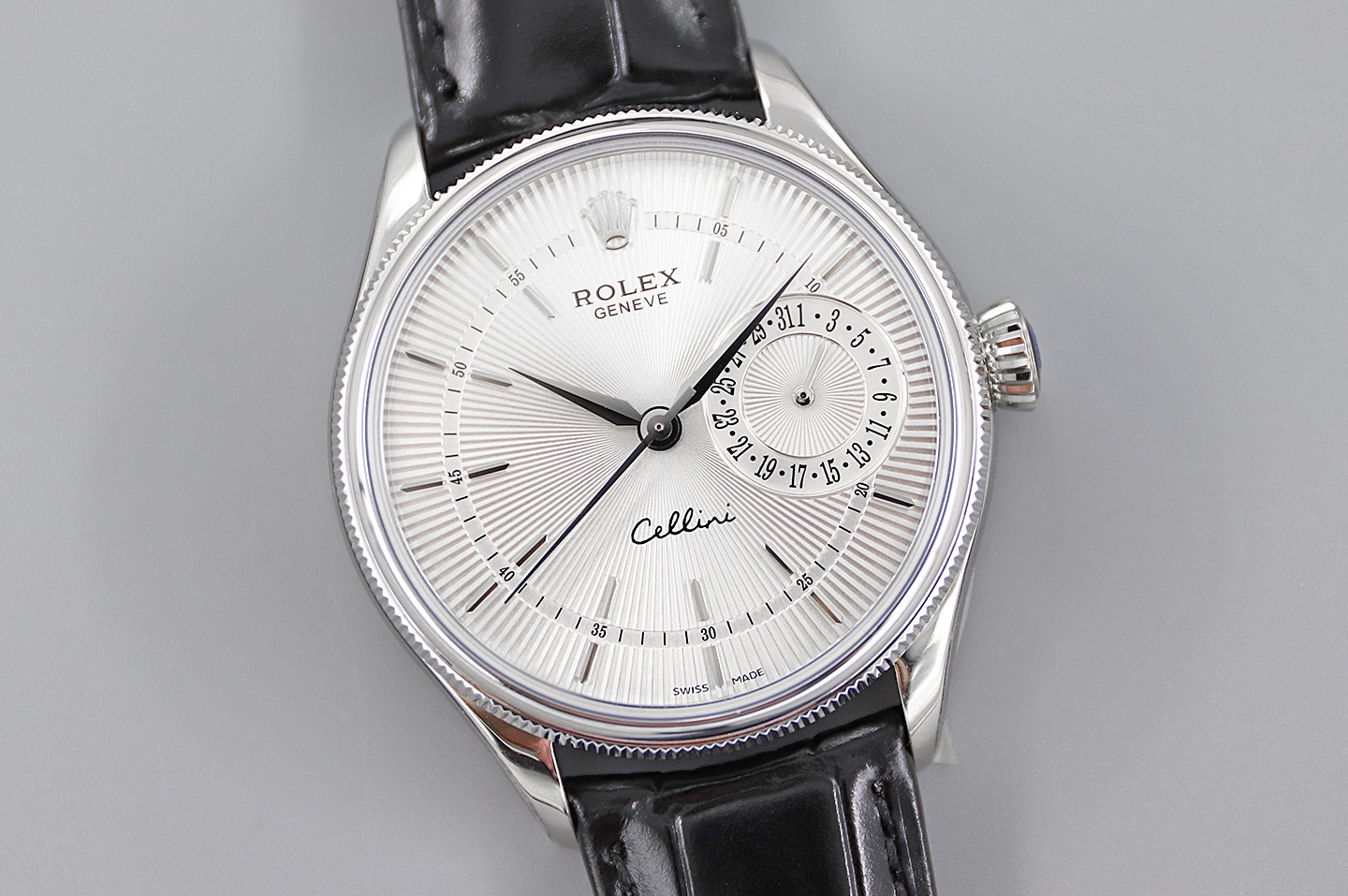Rolex Cellini Date 50519 Black Leather Silver Dial 39mm Mens Replica Watch