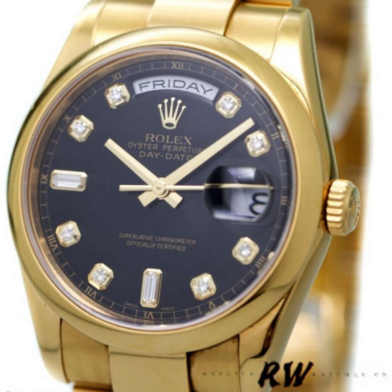Rolex Day-Date 118208 Black Diamond Dial Yellow Gold 36mm Unisex Replica Watch