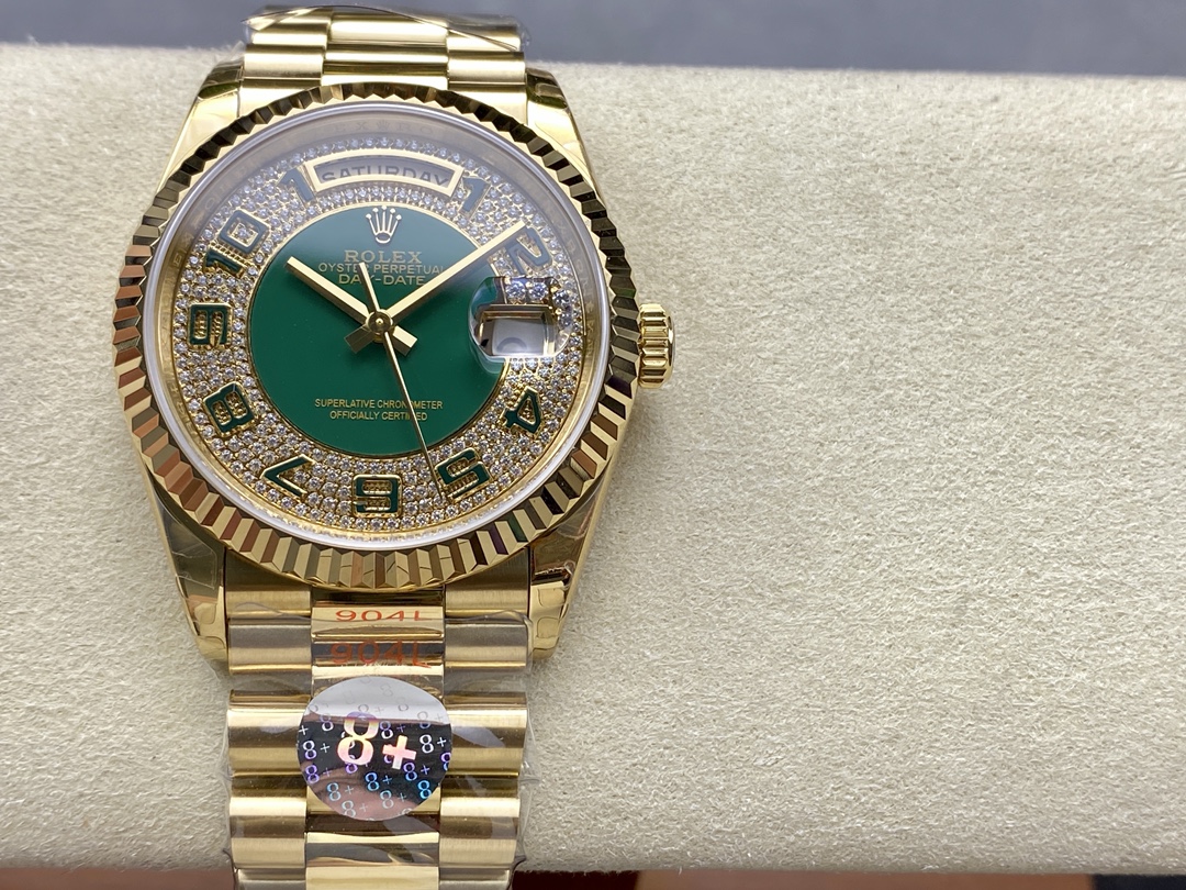 Rolex Day-Date 118238 Yellow Gold Green Diamond Pave Dial 36mm Unisex Replica Watch