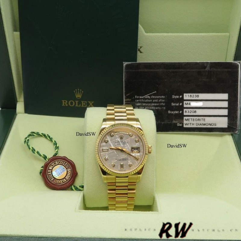 Rolex Day-Date 118238 Yellow Gold Diamond Meteorite Dial 36mm Unisex Replica Watch