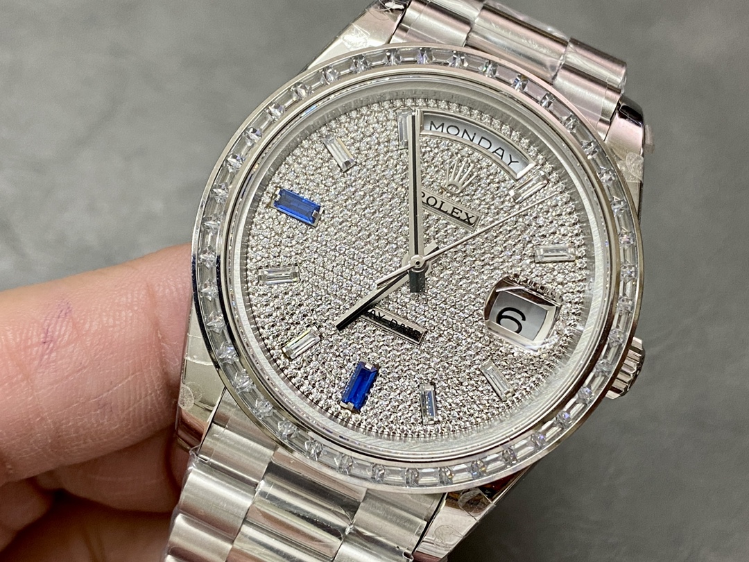Rolex Day Date Platinum Diamond Paved Dial With Sapphires Diamond Bezel m228396tbr 0021 40mm