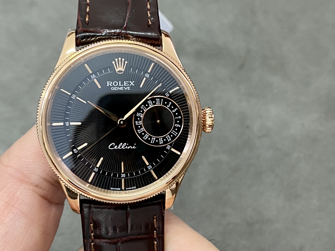 Rolex Cellini Date 50515 Brown Leather Black Index Dial 39mm Mens Replica Watch