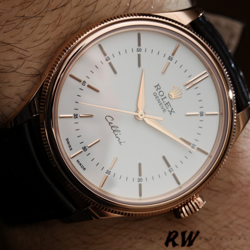 Rolex Cellini Time 50505 Black Leather Strap White Dial 39mm Mens Replica Watch