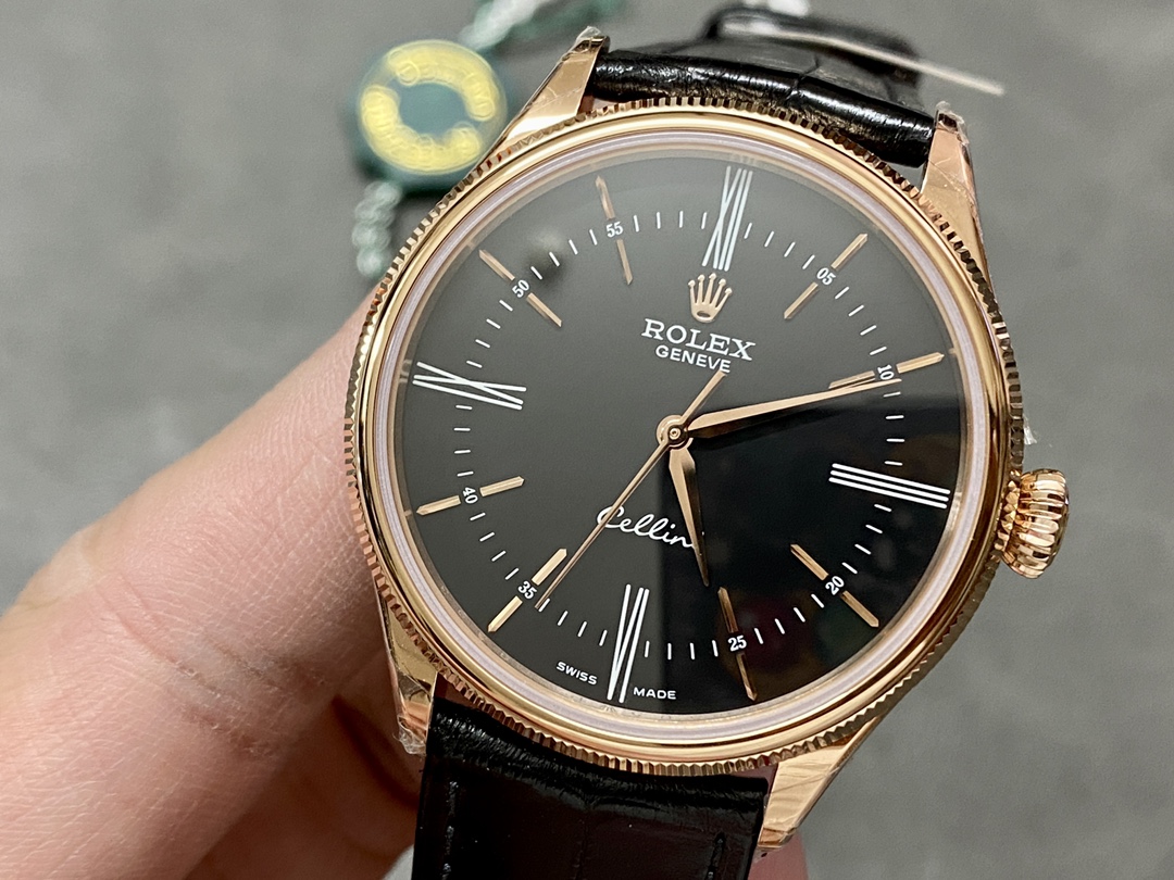 Rolex Cellini Time 50505 Black Leather Strap Black Dial 39mm Mens Replica Watch