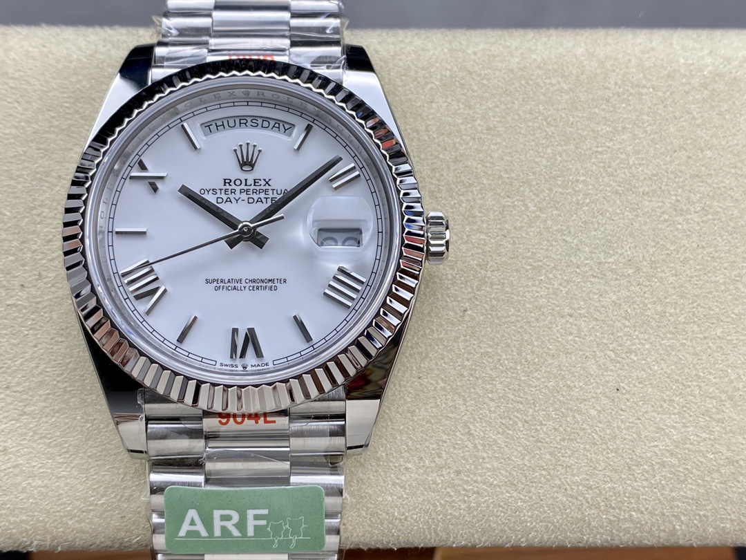 Rolex Day-Date 228239 White Roman Dial Fluted Bezel 40mm Mens Replica Watch