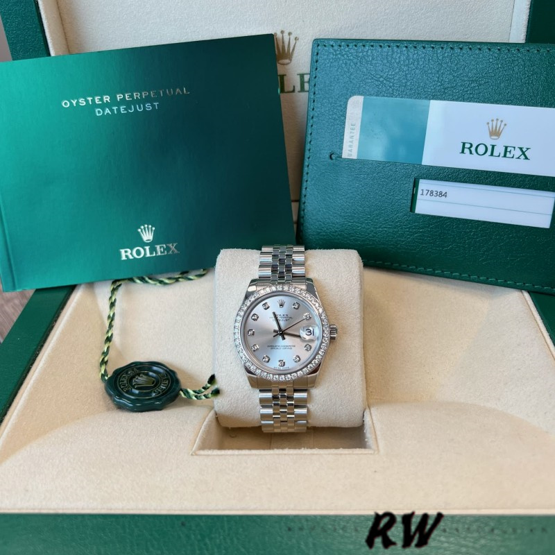 Rolex Datejust 178384 Silver Diamonds Dial Diamond Bezel 31MM Lady Replica Watch