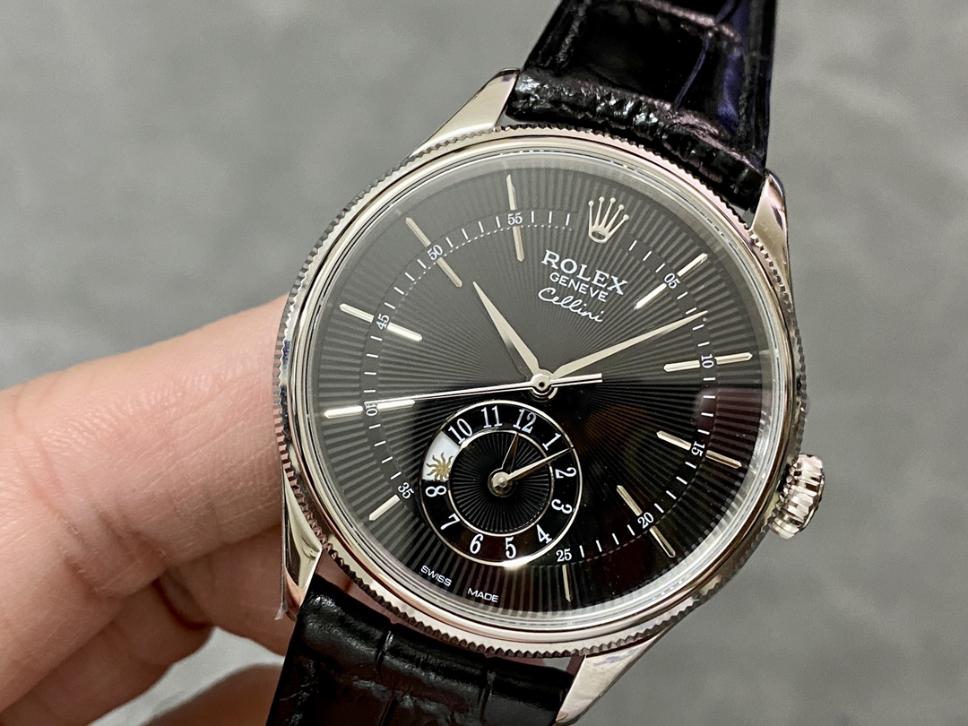 Rolex Cellini Dual Time 50529 Black Dial White Gold 39mm Mens Replica Watch
