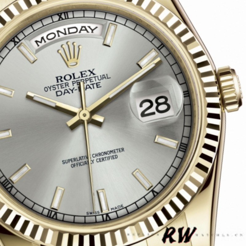 Rolex Day-Date 118238 Yellow Gold Silver dial Fluted Bezel 36mm Unisex Replica Watch