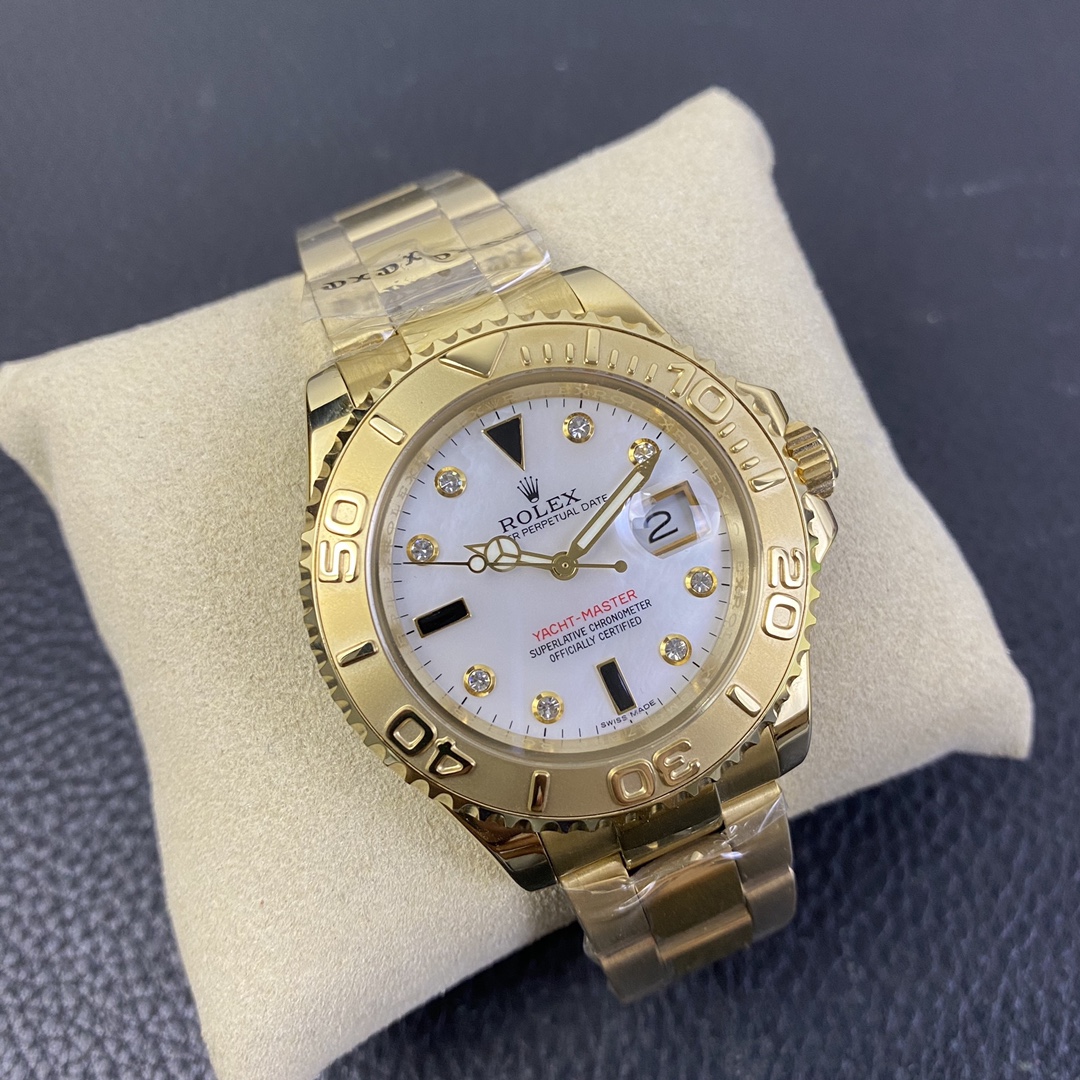 Rolex Yacht Master 168628 White Mother of Pearl Diamond Dial Yellow Gold Case 35mm Women's Watch