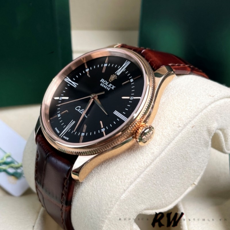 Rolex Cellini Time 50505 Brown Leather Strap Black Dial 39mm Mens Replica Watch