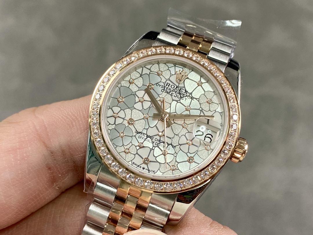 Rolex Datejust 31 Rose Gold Silver Floral Motif Diamond Dial Diamond Bezel m278381rbr 0032