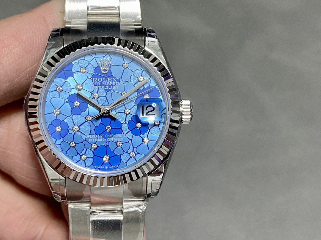 Rolex Datejust 31 Stainless Steel and White Gold Azzuro-Blue-Floral-Motif Diamond Dial m278274-0035