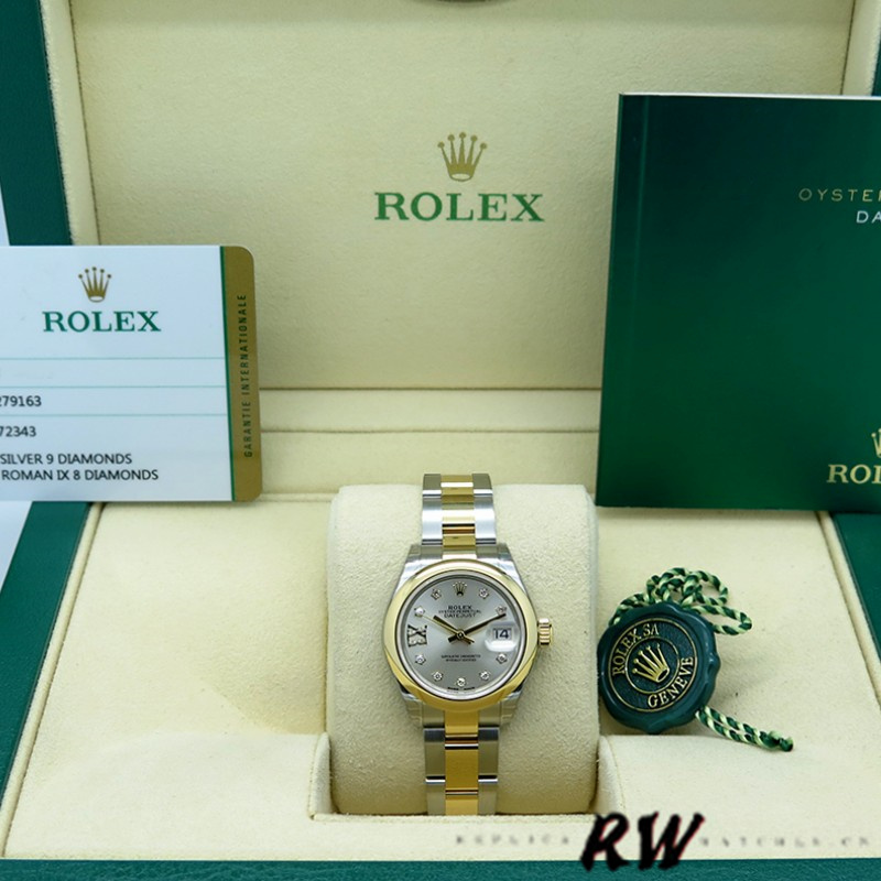 Rolex Datejust 279163 Silver Diamond Dial Domed Bezel 28mm Lady Replica Watch