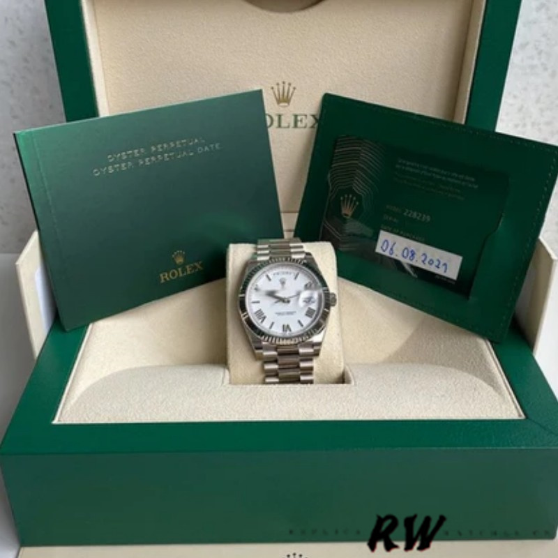 Rolex Day-Date 228239 White Roman Dial Fluted Bezel 40mm Mens Replica Watch