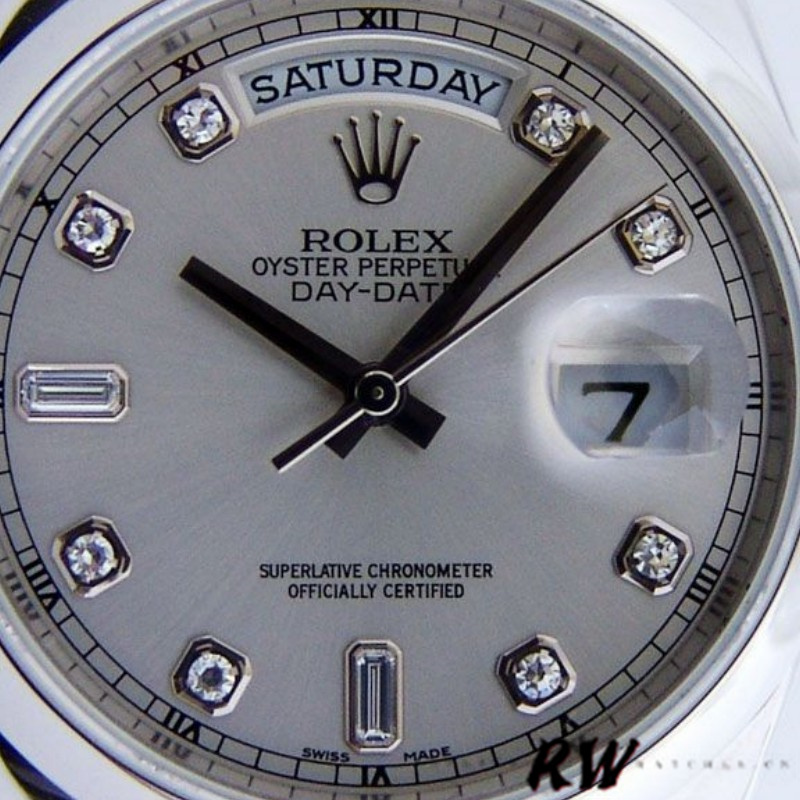 Rolex Day-Date 118206 Silver Diamond Dial Platinum 36mm Unisex Replica Watch