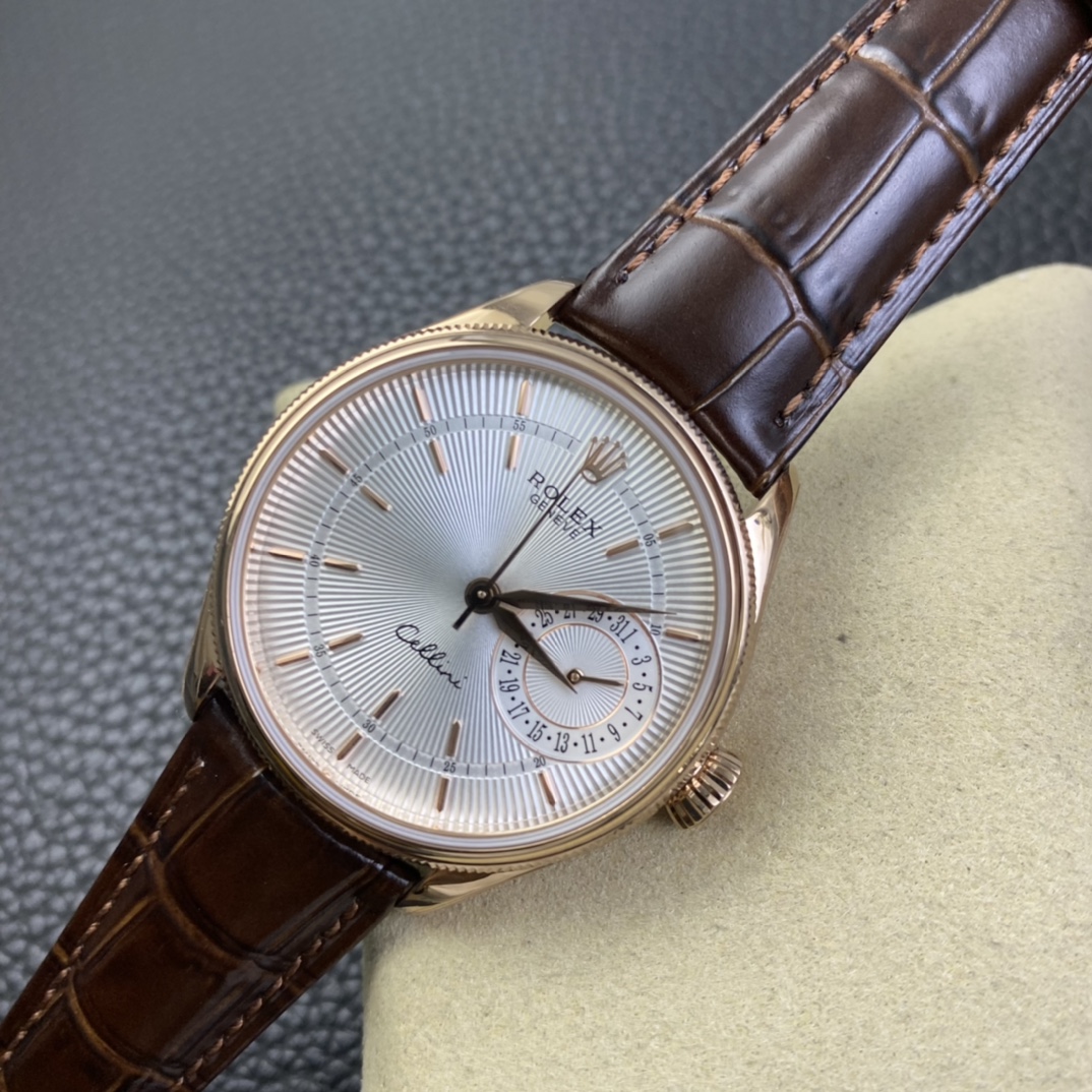 Rolex Cellini Date Rose Gold Silver Crocodile Leather Strap 50515 39mm Mens Replica Watch