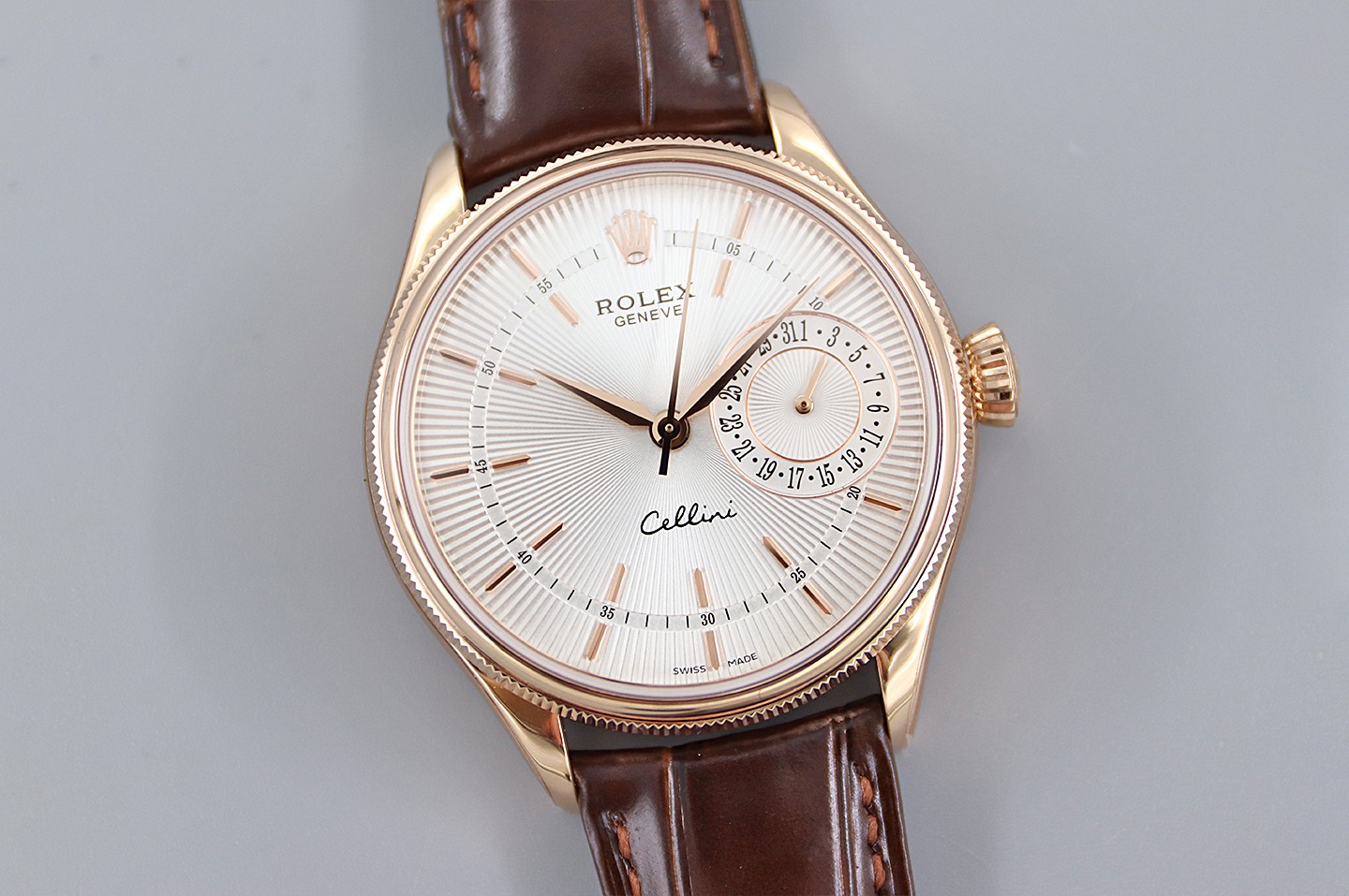 Rolex Cellini Date Rose Gold Silver Crocodile Leather Strap 50515 39mm Mens Replica Watch
