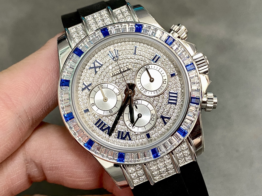 Rolex Daytona 116599 pave diamond dial Blue Leather Strap 40mm Mens Replica Watch