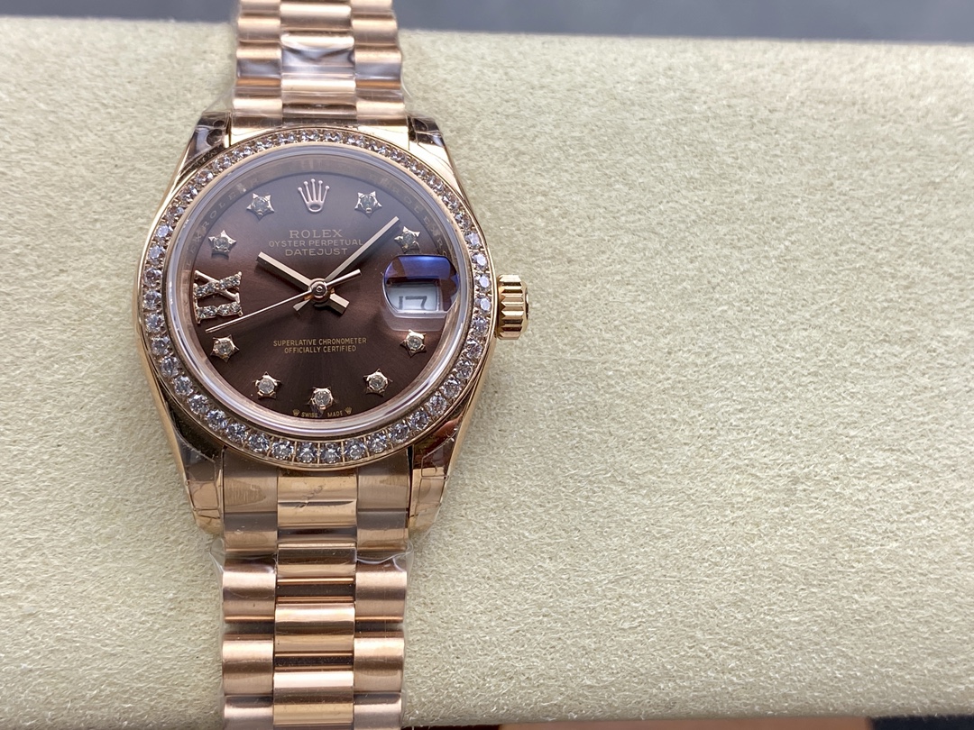 Rolex Datejust 28mm Everose Gold 279135RBR 0001 Chocolate 17 Diamond President Lady