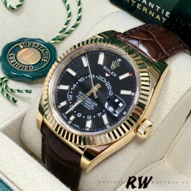 Rolex Sky-Dweller 326138 Black Dial Yellow Gold 42MM Mens Replica Watch