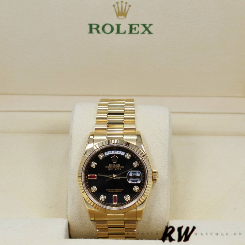 Rolex Day Date 118238 Black Diamond Dial Fluted Bezel 36mm Mens Replica Watch