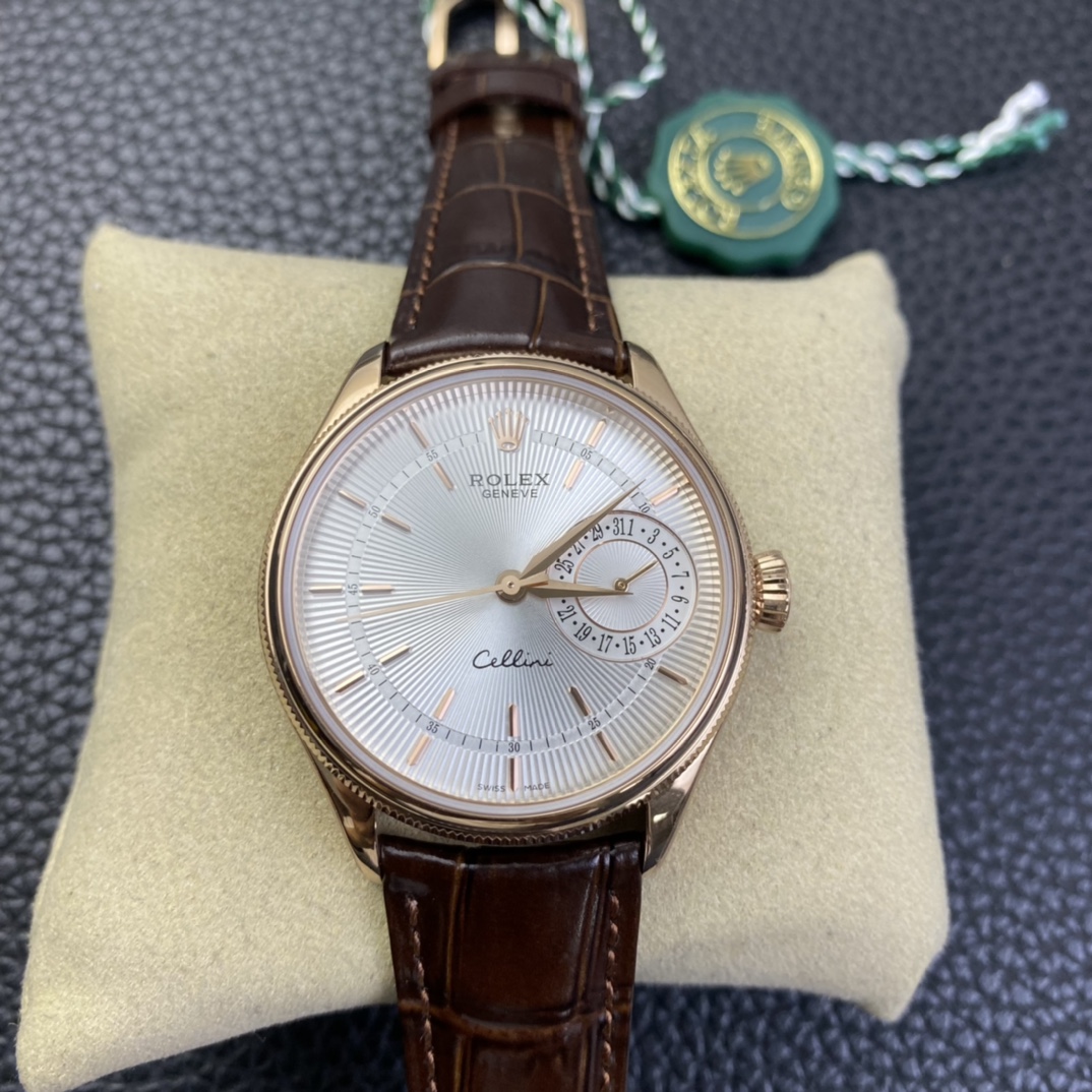 Rolex Cellini Date Rose Gold Silver Crocodile Leather Strap 50515 39mm Mens Replica Watch