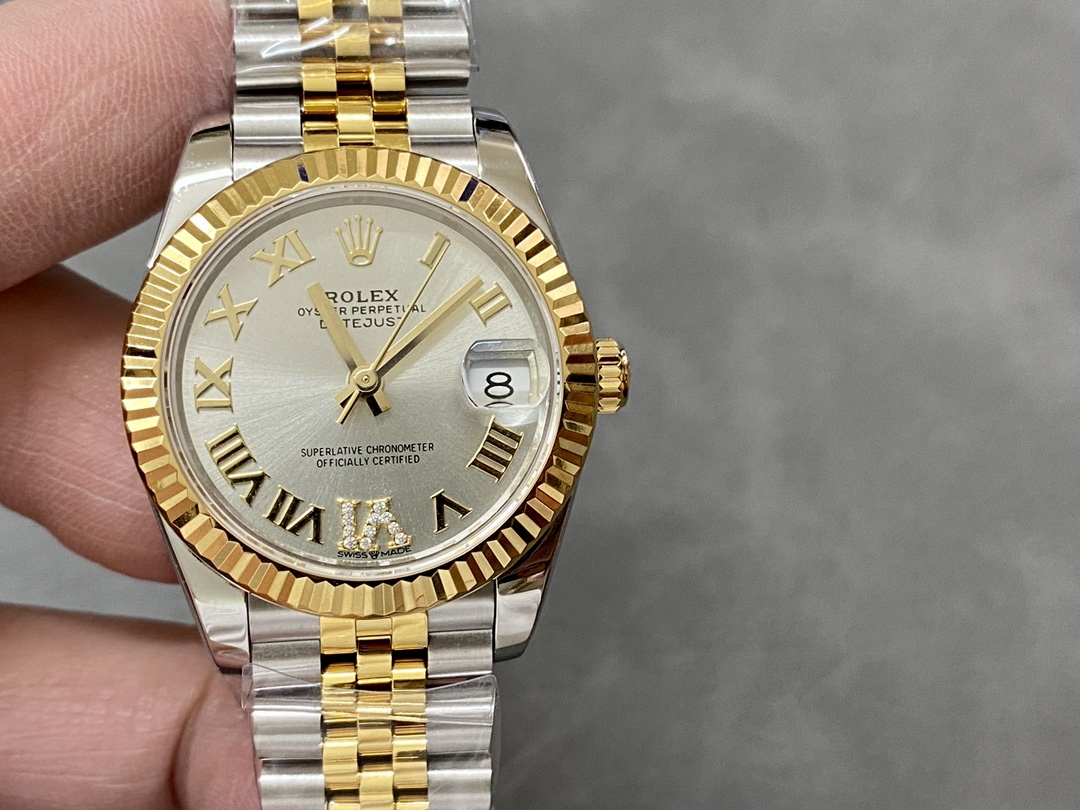 Rolex Datejust 31 Stainless Steel and Yellow Gold Silver Pave Roman Dial m278273 0004 Women's Watch