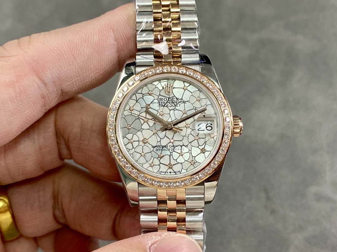 Rolex Datejust 31 Rose Gold Silver Floral Motif Diamond Dial Diamond Bezel m278381rbr 0032
