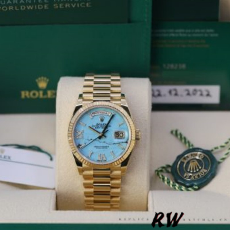 Rolex Day-Date 128238 Fluted Bezel Turquoise Diamond Dial 36MM Unisex Replica Watch