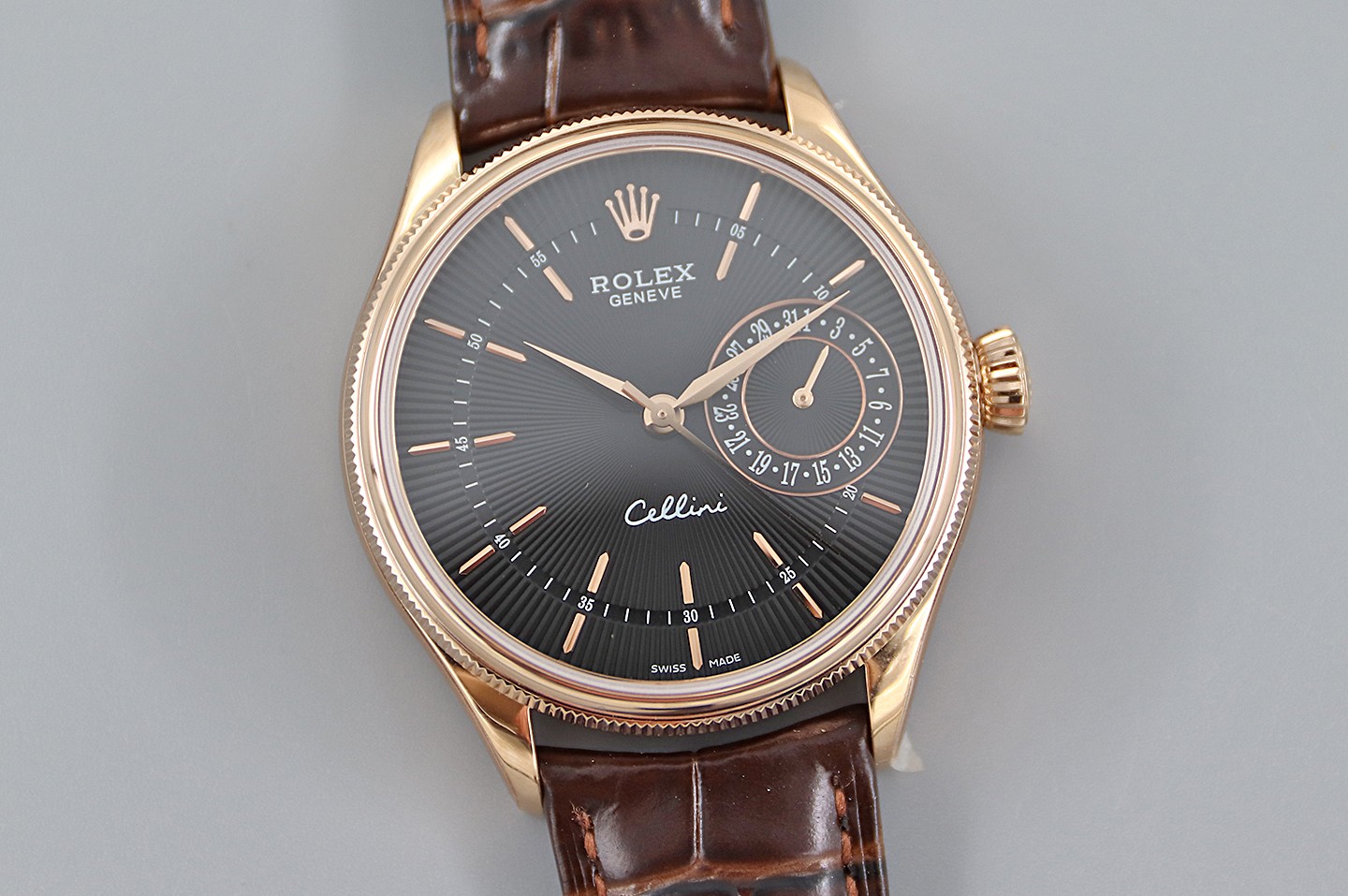 Rolex Cellini Date 50515 Brown Leather Black Index Dial 39mm Mens Replica Watch