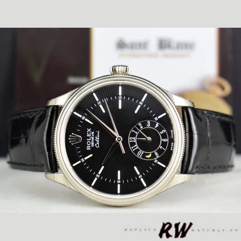 Rolex Cellini Dual Time 50529 Black Dial White Gold 39mm Mens Replica Watch