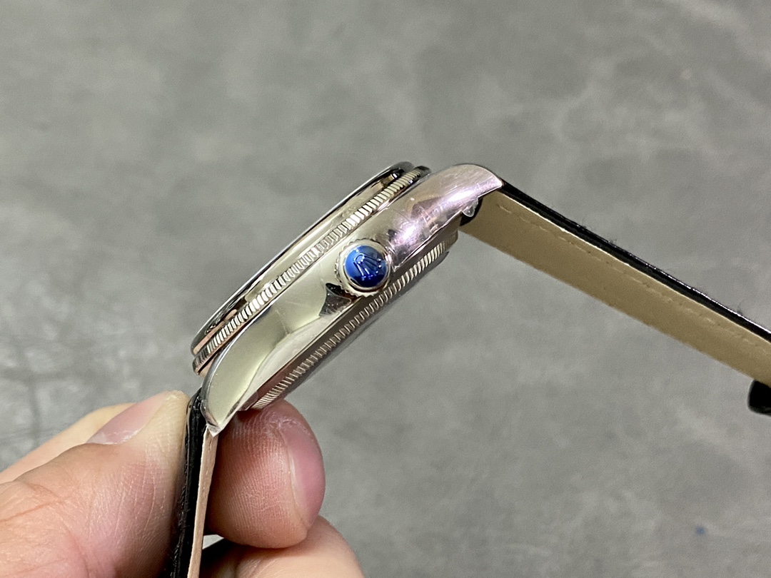 Rolex Cellini Dual Time 50529 Silver Sunburst Dial Black Leather Strap 39mm Mens Replica Watch